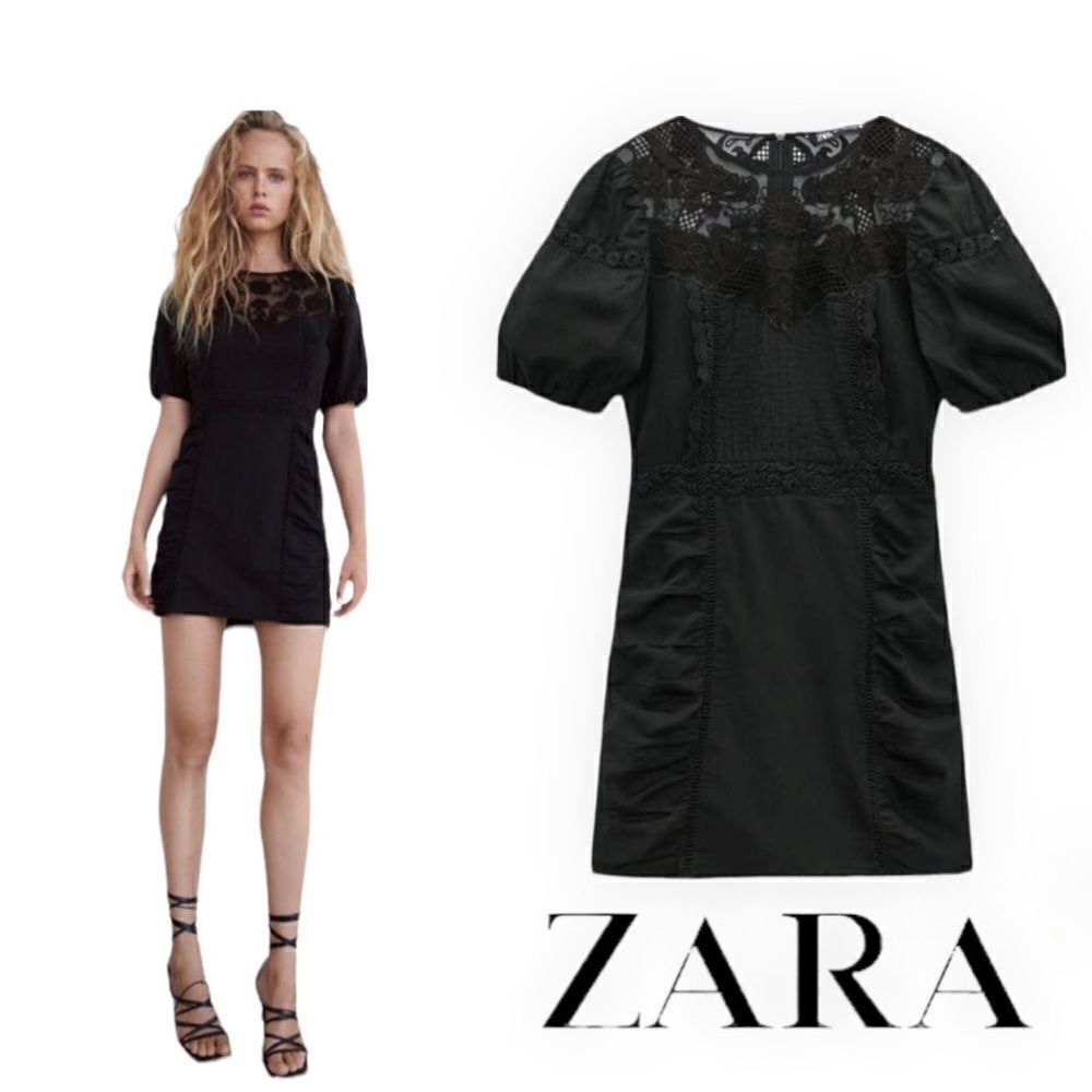 ZARA Black Lace Appliqué Puff Sleeve Mini Dress S M NWT 0881/305